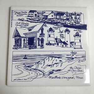 Martha’s Vineyard Mass Tile Trivet Joan & Bruce Hart Blue White 6x6" 1992 Art MA